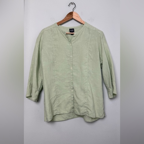 Eileen Fisher% Linen Green Button Front Boxy Tunic Size Large - Picture 2 of 13